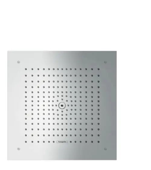 Eckige Kopfbrause in Chrom-Optik mit gleichmäßig verteilten Wasserdurchlässen, hergestellt von Hansgrohe, zur Deckenmontage geeignet.